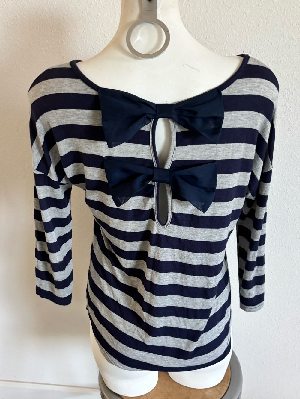 Striped Navy & Gray Bow-Back Top